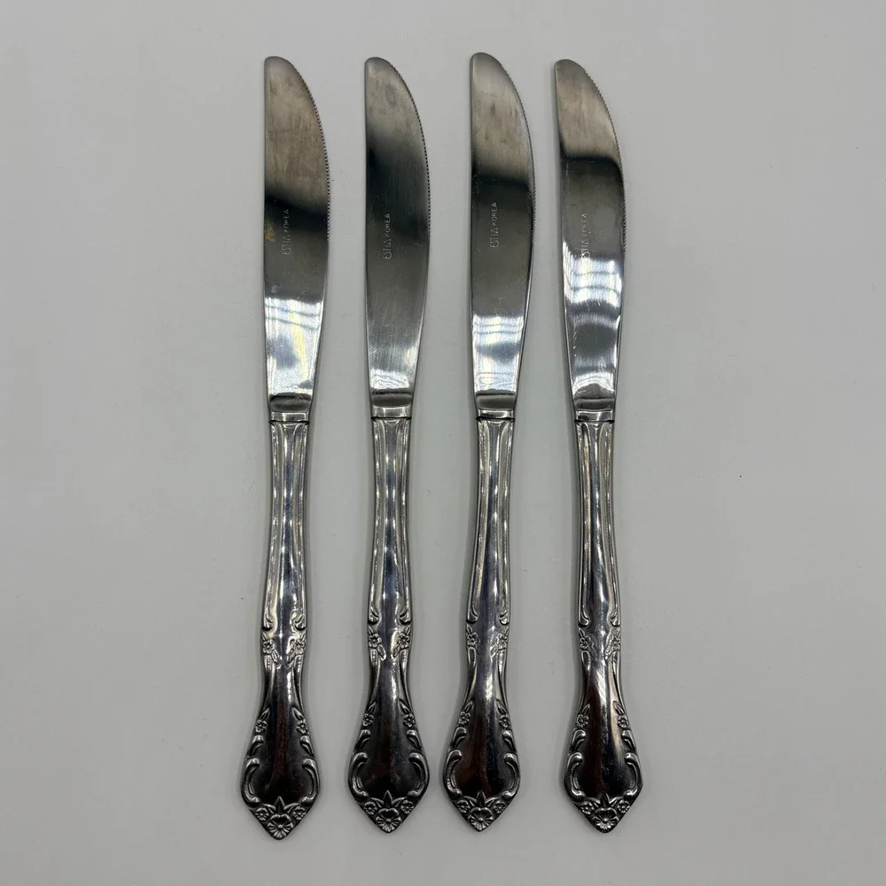 Estia Dinner Knives Floral Scroll Stainless Steel Korea Set of 4 Silver‎ 9in